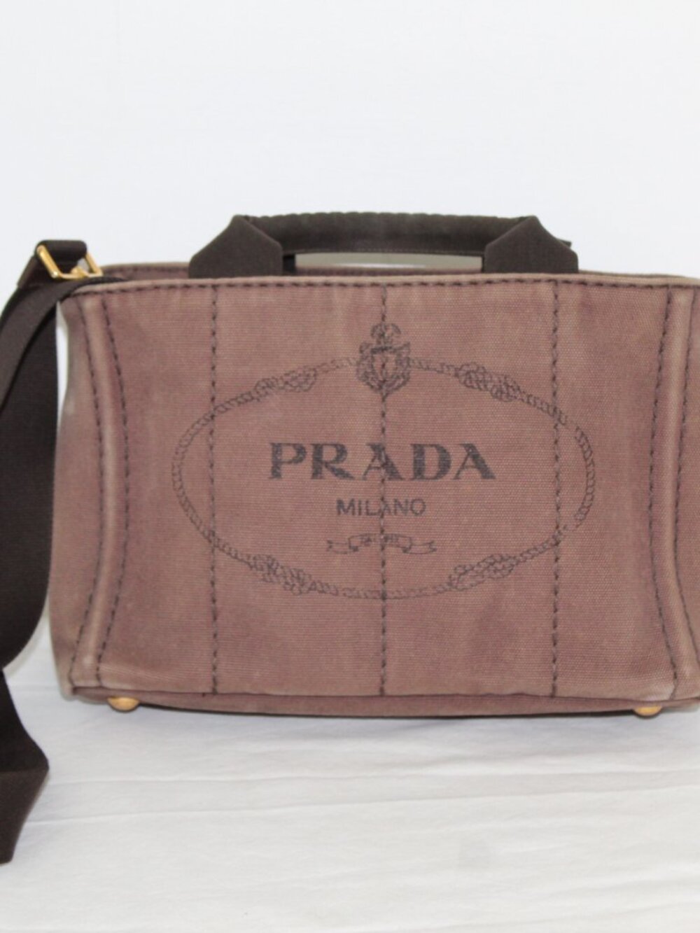 Prada Canapa 2 Way Brown Denim Handbag Shoulder Bag Top Handle Tote